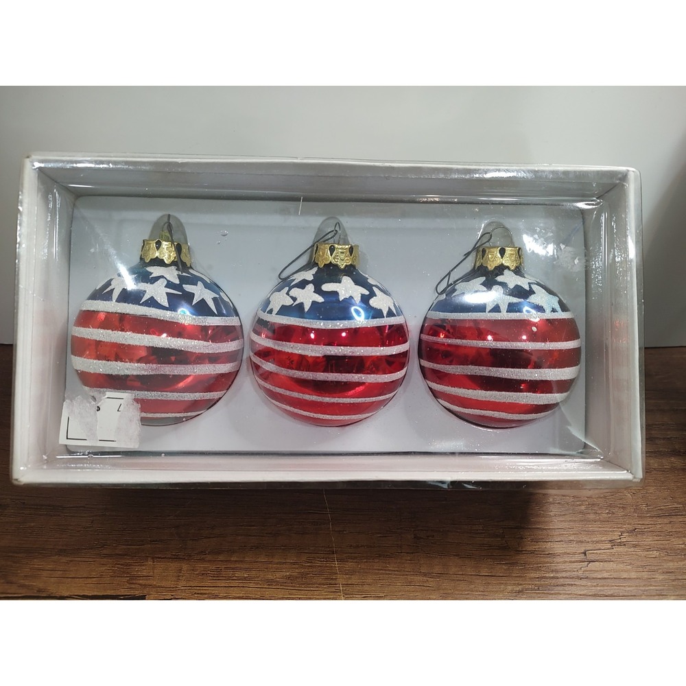 3 Vintage Deluxe Red White Blue Patriotic Glass Ball Ornaments Stars and Stripes